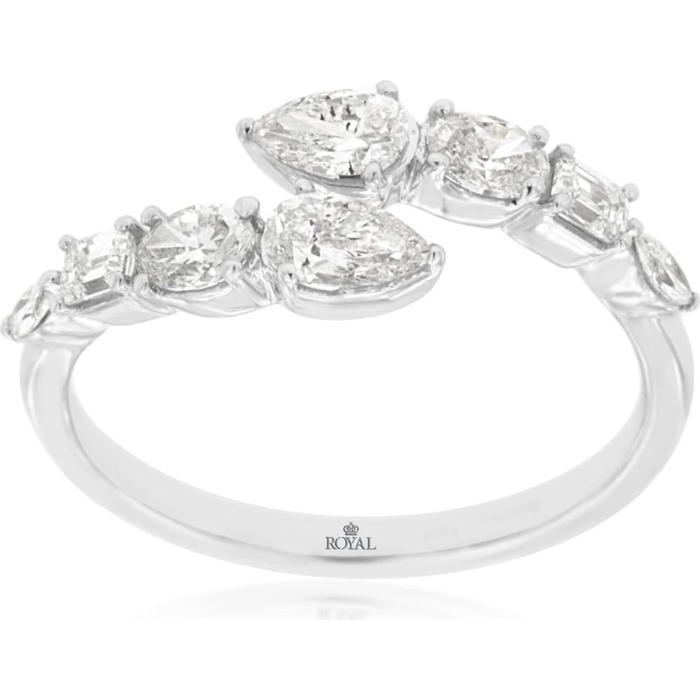 14K White Gold Open Shank Ring with Pear Cut, Round Brilliant, and Baguette Diamonds - 0.92 Carat Total Diamond Weight - Royal Jewelry