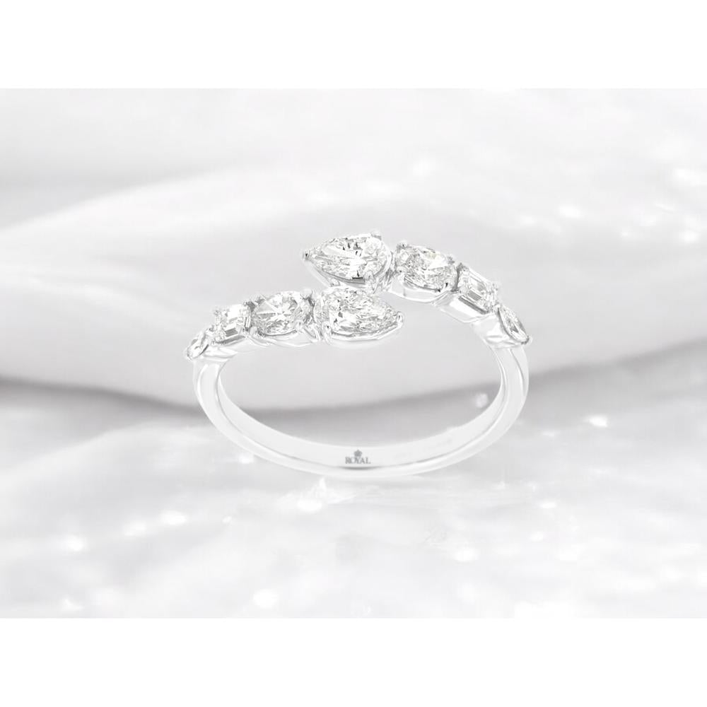 14K White Gold Open Shank Ring with Pear Cut, Round Brilliant, and Baguette Diamonds - 0.92 Carat Total Diamond Weight - Royal Jewelry