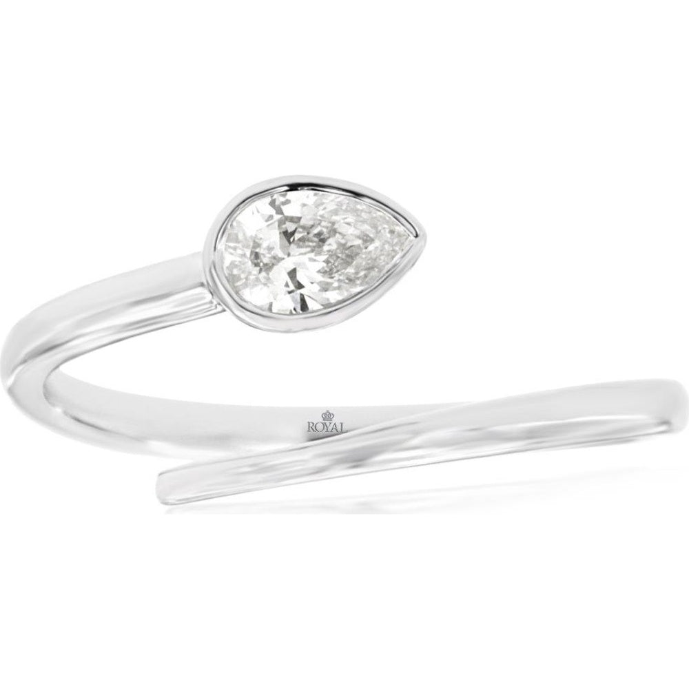 14K White Gold Open Shank Swirl Ring with Bezel Set Pear Diamond - 0.24 Carat Total Diamond Weight - Royal Jewelry