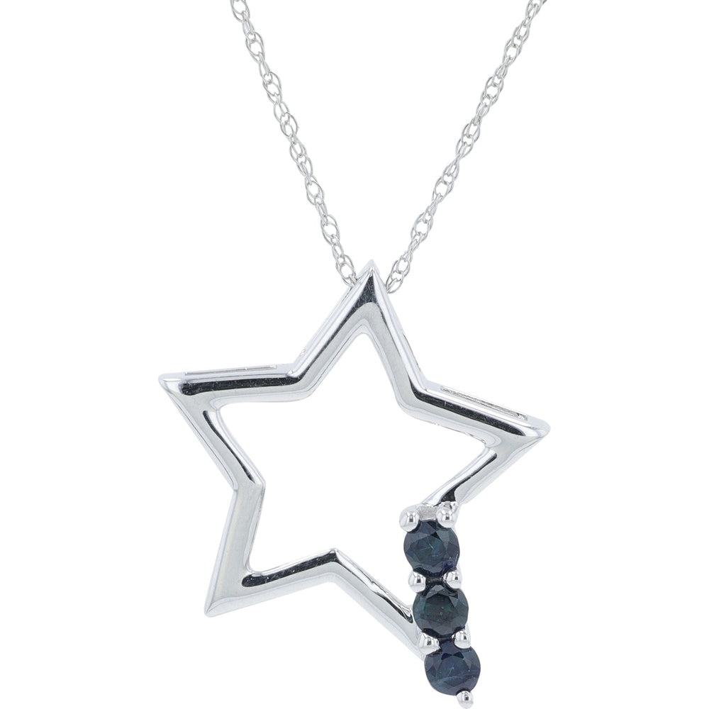 14K White Gold Open Star Pendant with Prong-Set Round Blue Sapphires - 0.25 Carat Total Gemstone Weight
