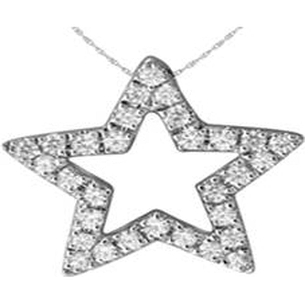 14K White Gold Open Star Pendant with Prong-Set Round Brilliant Diamonds - 0.10 Carat Total Diamond Weight - Royal Jewelry