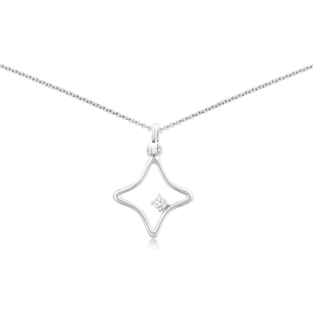 14K White Gold Open Star Pendant with Prong-Set Round Diamond - 0.02 Carat Total Diamond Weight - Royal Jewelry