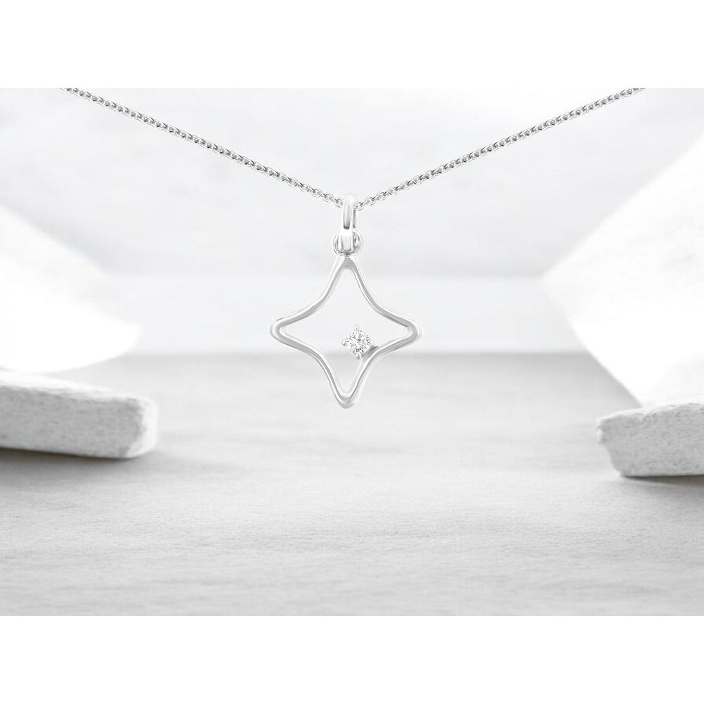 14K White Gold Open Star Pendant with Prong-Set Round Diamond - 0.02 Carat Total Diamond Weight - Royal Jewelry