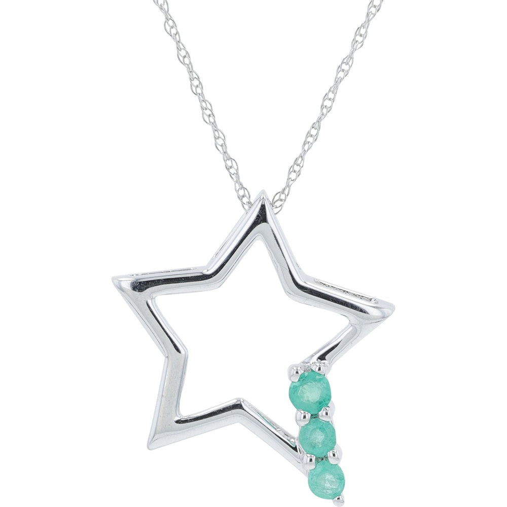14K White Gold Open Star Pendant with Prong-Set Round Emeralds - 0.25 Carat Total Gem Weight