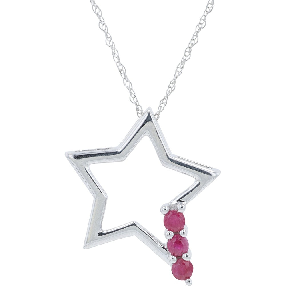 14K White Gold Open Star Pendant with Triple Round Rubies - 0.25 Carat Total Gemstone Weight