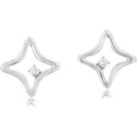 14K White Gold Open Starburst Stud Earrings with Single Round Brilliant Diamonds - 0.02 Carat Total Diamond Weight - Royal Jewelry