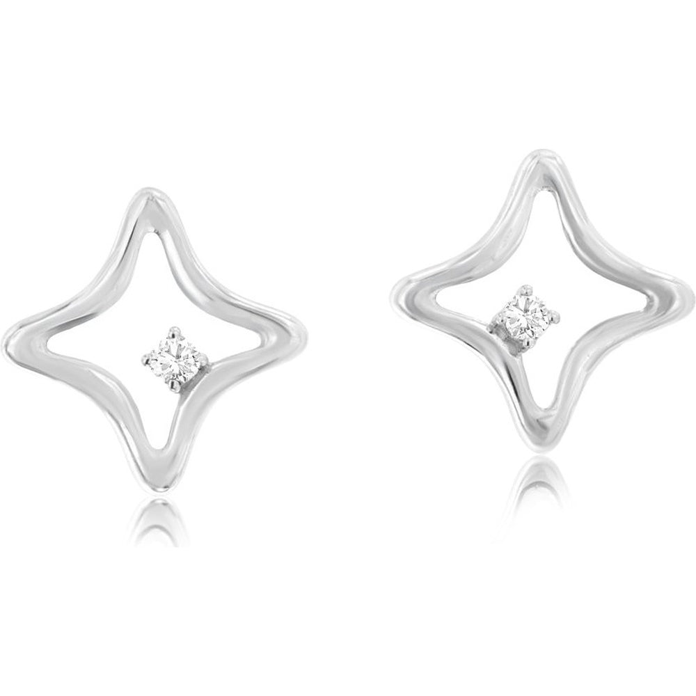 14K White Gold Open Starburst Stud Earrings with Single Round Brilliant Diamonds - 0.02 Carat Total Diamond Weight - Royal Jewelry