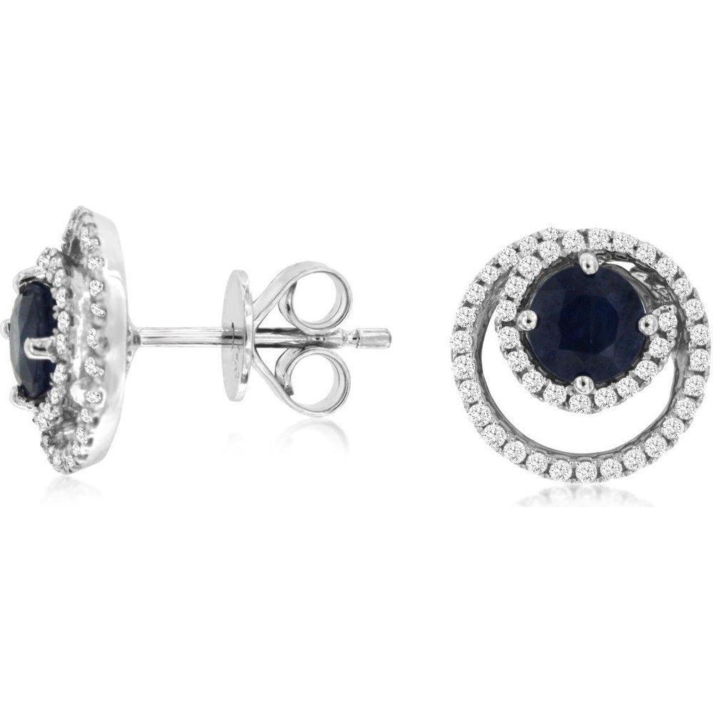 14K White Gold Open Swirl Halo Earrings with Round-Cut Sapphires and Round Diamonds - 1.30 Carat Total Sapphire Weight and 0.33 Carat Total Diamond Weight - Royal Jewelry