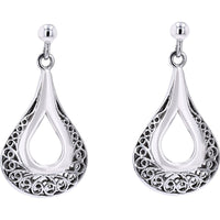 14K White Gold Open Teardrop Dangle Earrings with Intricate Filigree Scrollwork Detail
