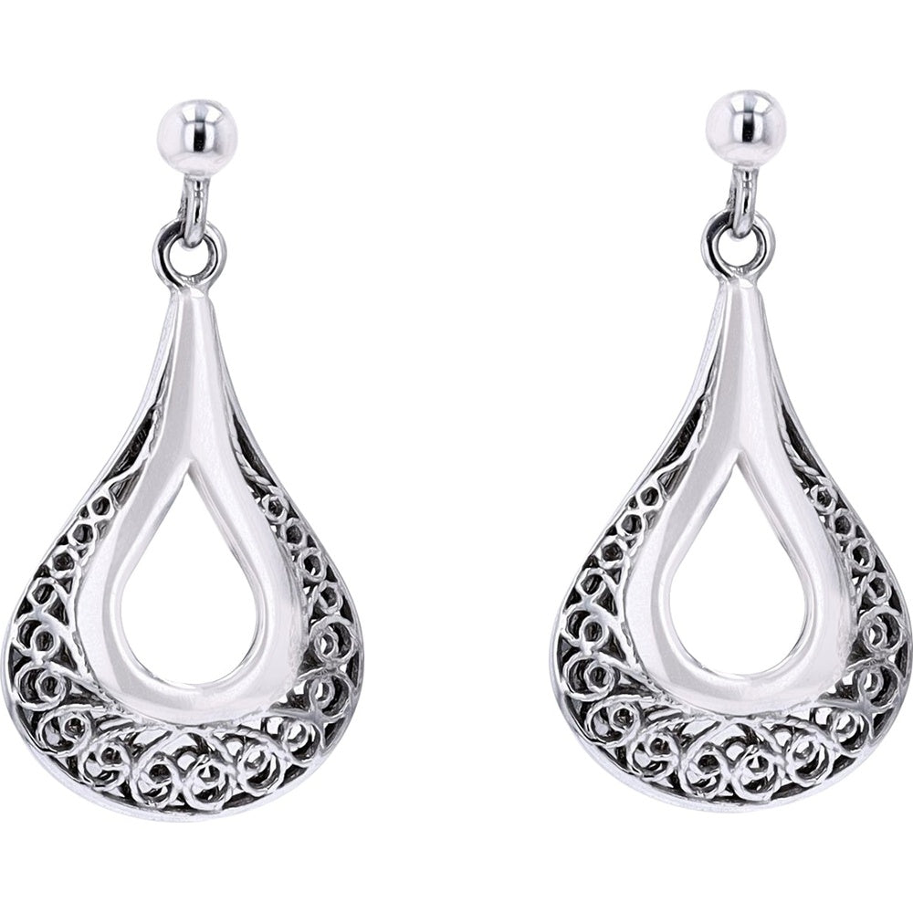 14K White Gold Open Teardrop Dangle Earrings with Intricate Filigree Scrollwork Detail