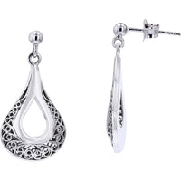 14K White Gold Open Teardrop Dangle Earrings with Intricate Filigree Scrollwork Detail