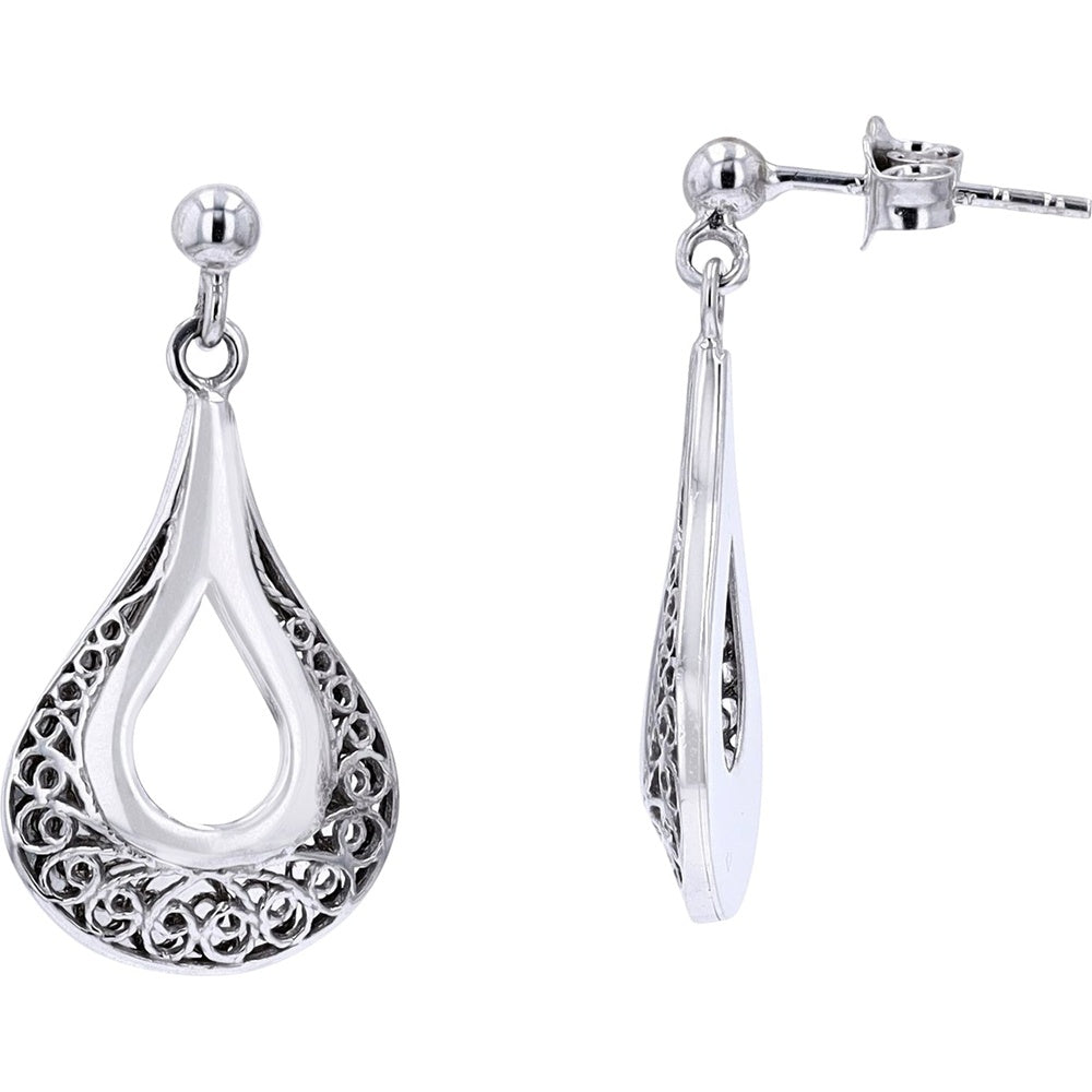 14K White Gold Open Teardrop Dangle Earrings with Intricate Filigree Scrollwork Detail