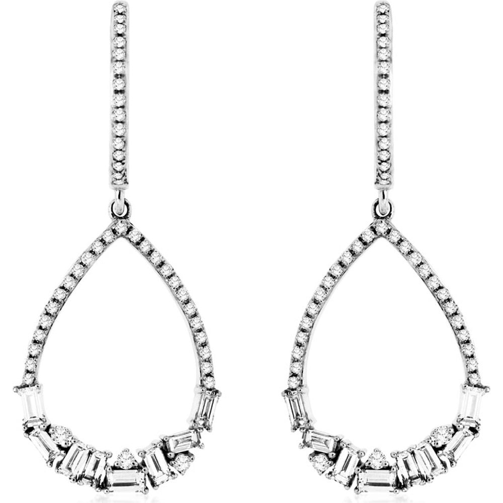 14K White Gold Open Teardrop Drop Earrings with Alternating Round and Baguette Diamonds - 0.76 Carat Total Diamond Weight - Royal Jewelry