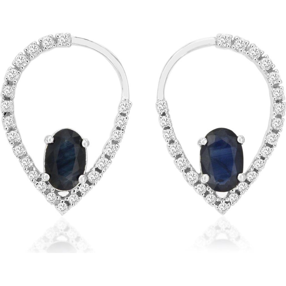 14K White Gold Open Teardrop Drop Earrings with Pave Round Diamonds and Oval Sapphires - 0.30 Carat Total Diamond Weight and 1.10 Carat Total Sapphire Weight - Royal Jewelry