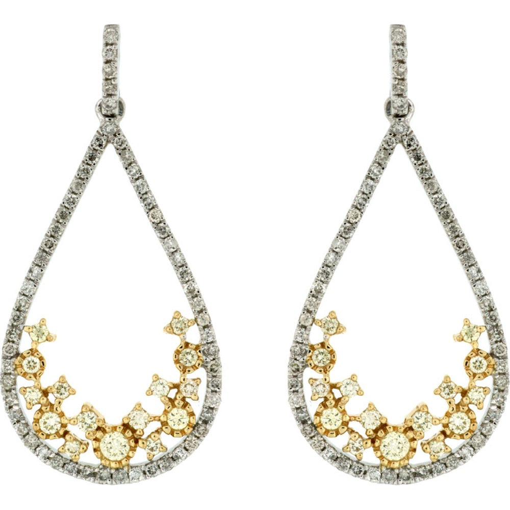 14K White Gold Open Teardrop Earrings with Pavé White Diamonds and Starburst Cluster Yellow Diamonds - 0.45 Carat Total White Diamond Weight and 0.33 Carat Total Yellow Diamond Weight - Royal Jewelry