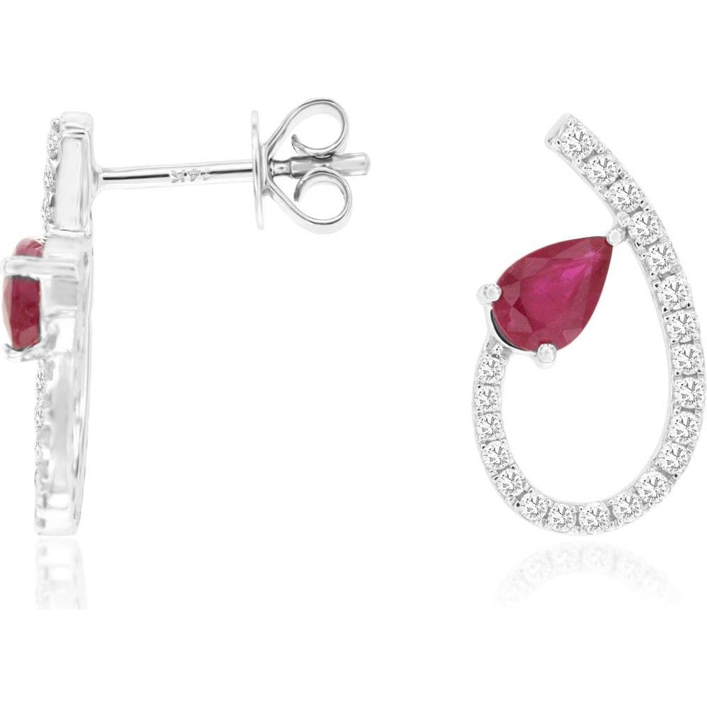 14K White Gold Open Teardrop Earrings with Pear-Shaped Rubies and Pave-Set Diamonds - 0.50 Carat Total Ruby Weight and 0.33 Carat Total Diamond Weight - Royal Jewelry