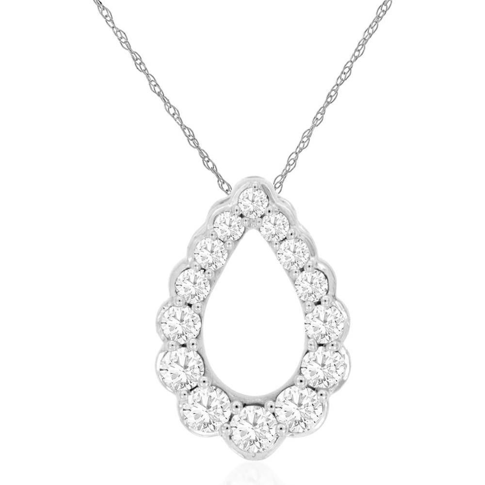 14K White Gold Open Teardrop Pendant Necklace with Round Brilliant Prong-Set Diamonds - 0.48 Carat Total Diamond Weight - Royal Jewelry