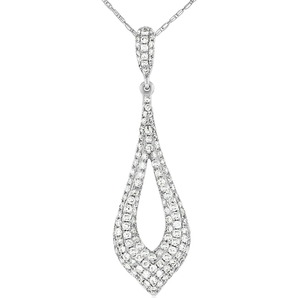 14K White Gold Open Teardrop Pendant with Pavé Set Round Diamonds - 0.82 Carat Total Diamond Weight - Royal Jewelry