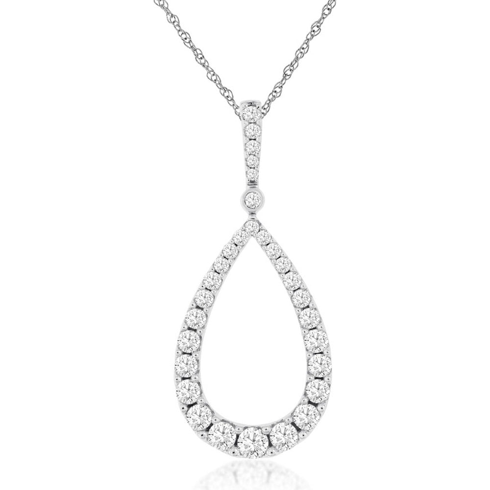 14K White Gold Open Teardrop Pendant with Prong-Set Round Diamonds - 1.00 Carat Total Diamond Weight - Royal Jewelry
