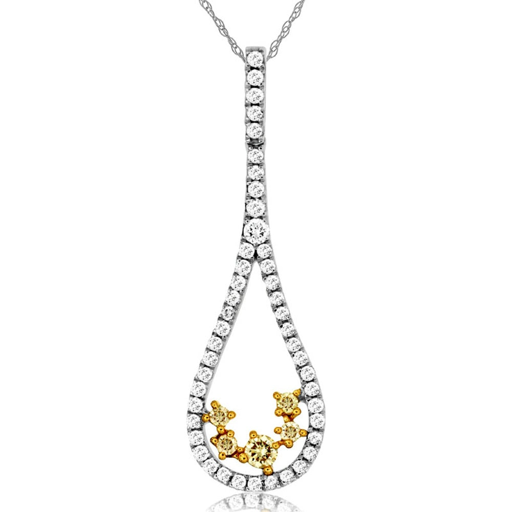 14K White Gold Open Teardrop Pendant with Prong-Set White Diamond Outline and Yellow Diamond Cluster Accents - 0.28 Carat White Diamond Weight and 0.10 Carat Yellow Diamond Weight - Royal Jewelry