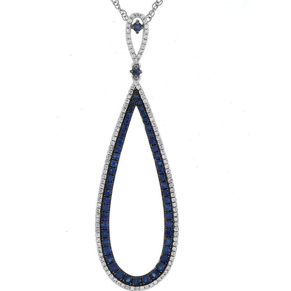 14K White Gold Open Teardrop Pendant with Round Blue Sapphires and Diamond Border - 1.34 Total Carat Weight - Royal Jewelry