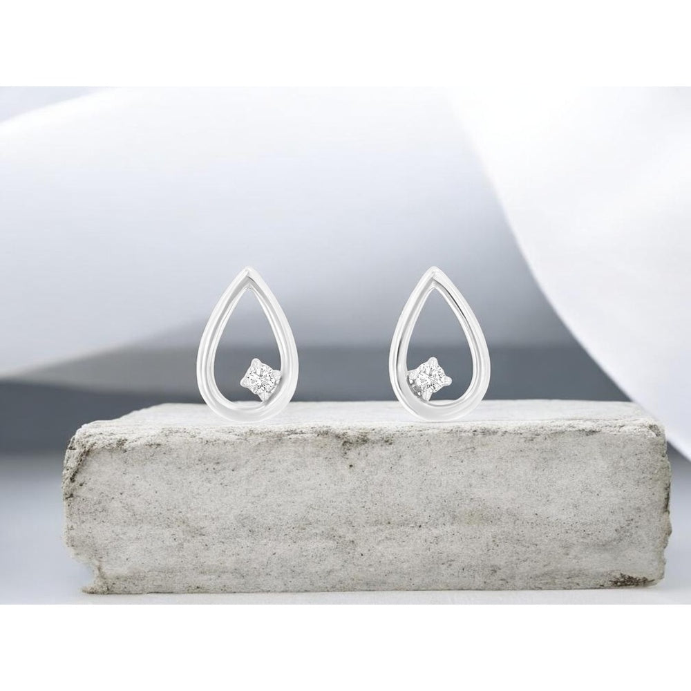 14K White Gold Open Teardrop Stud Earrings with Prong-Set Round Diamonds - 0.03 Carat Total Diamond Weight - Royal Jewelry