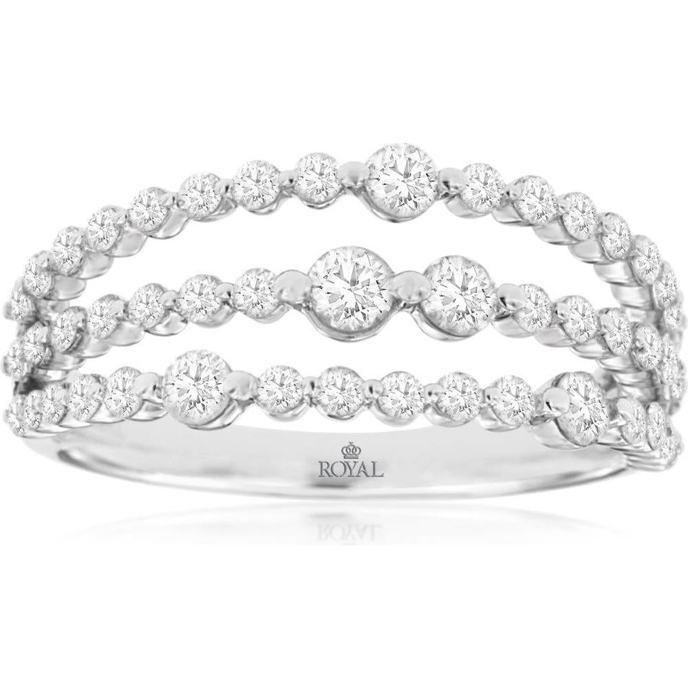 14K White Gold Open Triple-Row Diamond Wedding Band with Graduating Round Diamonds - 0.86 Carat Total Diamond Weight - Royal Jewelry