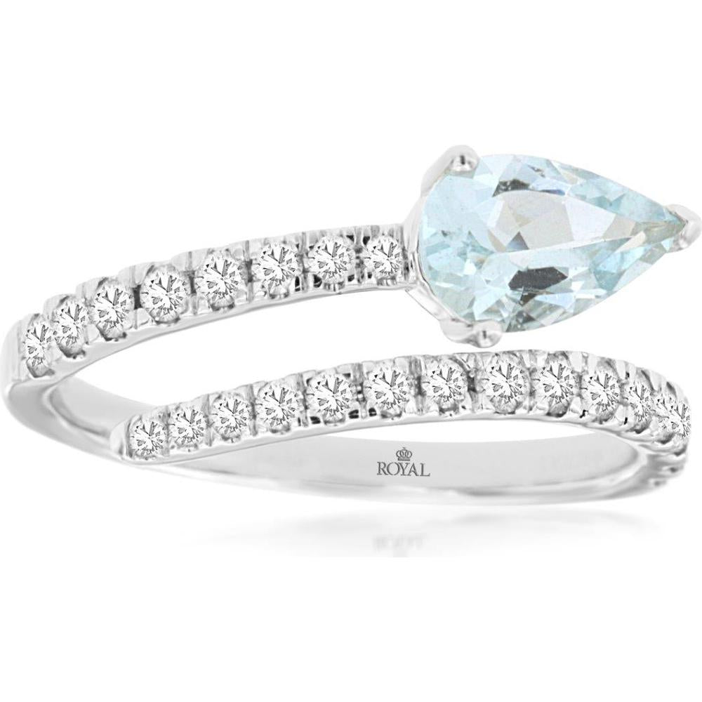 14K White Gold Open Wrap Ring with Pear Shaped Aquamarine and Round Diamond Accents - 0.65 Carat Aquamarine & 0.42 Carat Diamond Weight - Royal Jewelry
