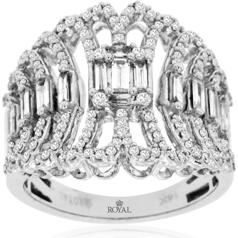 14K White Gold Openwork Band Ring with Baguette and Round Diamonds - 0.91 Carat Total Diamond Weight - Royal Jewelry