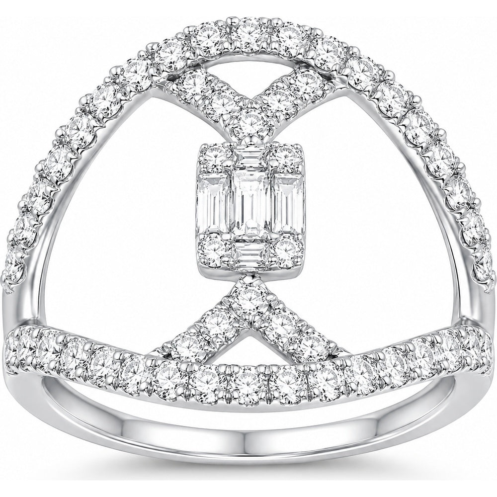 14K White Gold Openwork Chevron Fashion Ring with Pavé Set Round and Baguette Diamonds - 1.02 Carat Total Diamond Weight by Auriventus