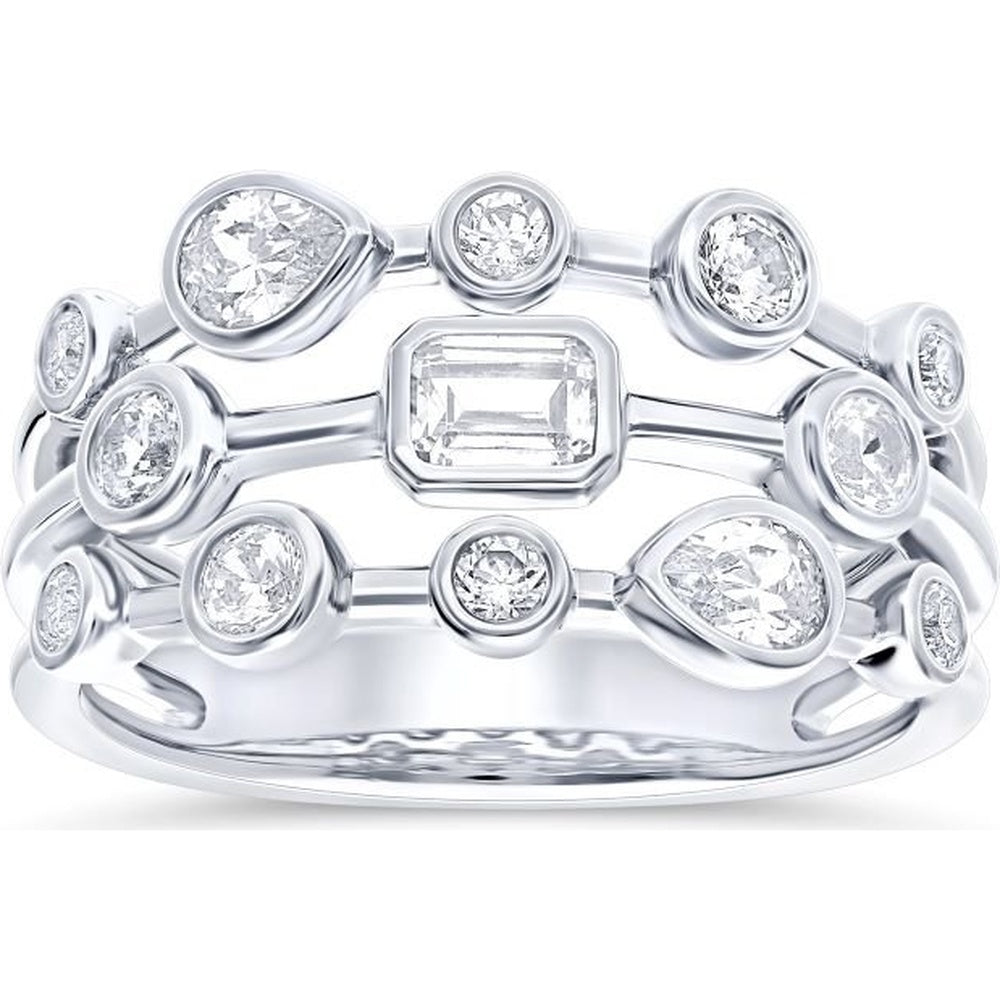 14K White Gold Openwork Fashion Ring with Bezel Set Emerald, Pear, and Round Diamonds - 0.90 Carat Total Diamond Weight by Auriventus