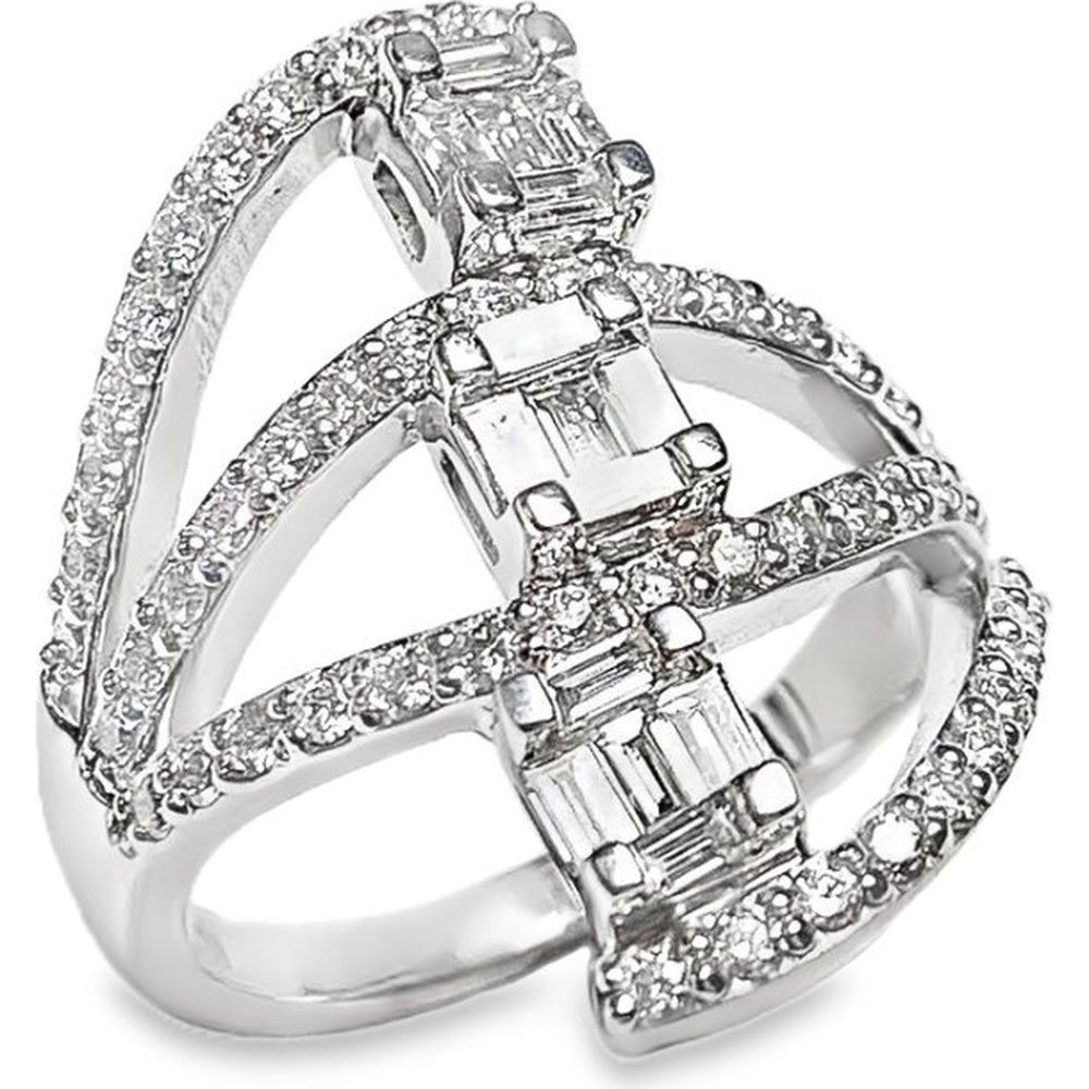 14K White Gold Openwork Fashion Ring with Emerald Cut, Baguette and Round Diamonds - 0.98 Carat Total Diamond Weight by Auriventus