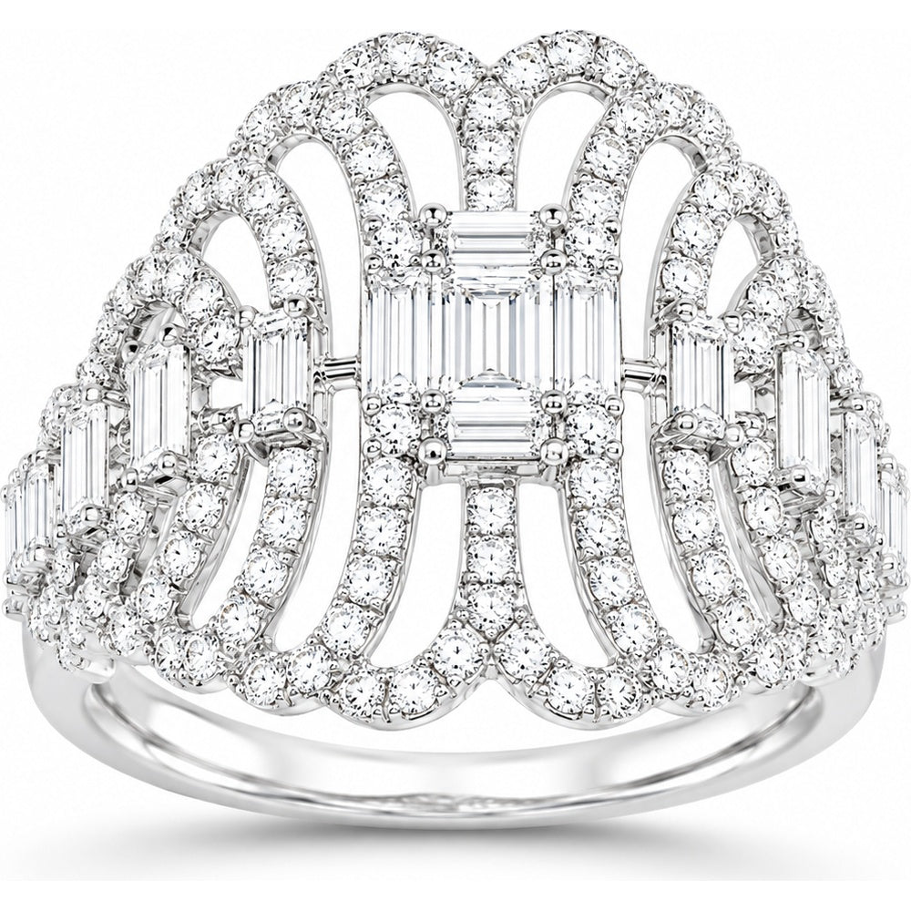 14K White Gold Openwork Fashion Ring with Round and Baguette Diamonds - 2.16 Carat Total Diamond Weight by Auriventus