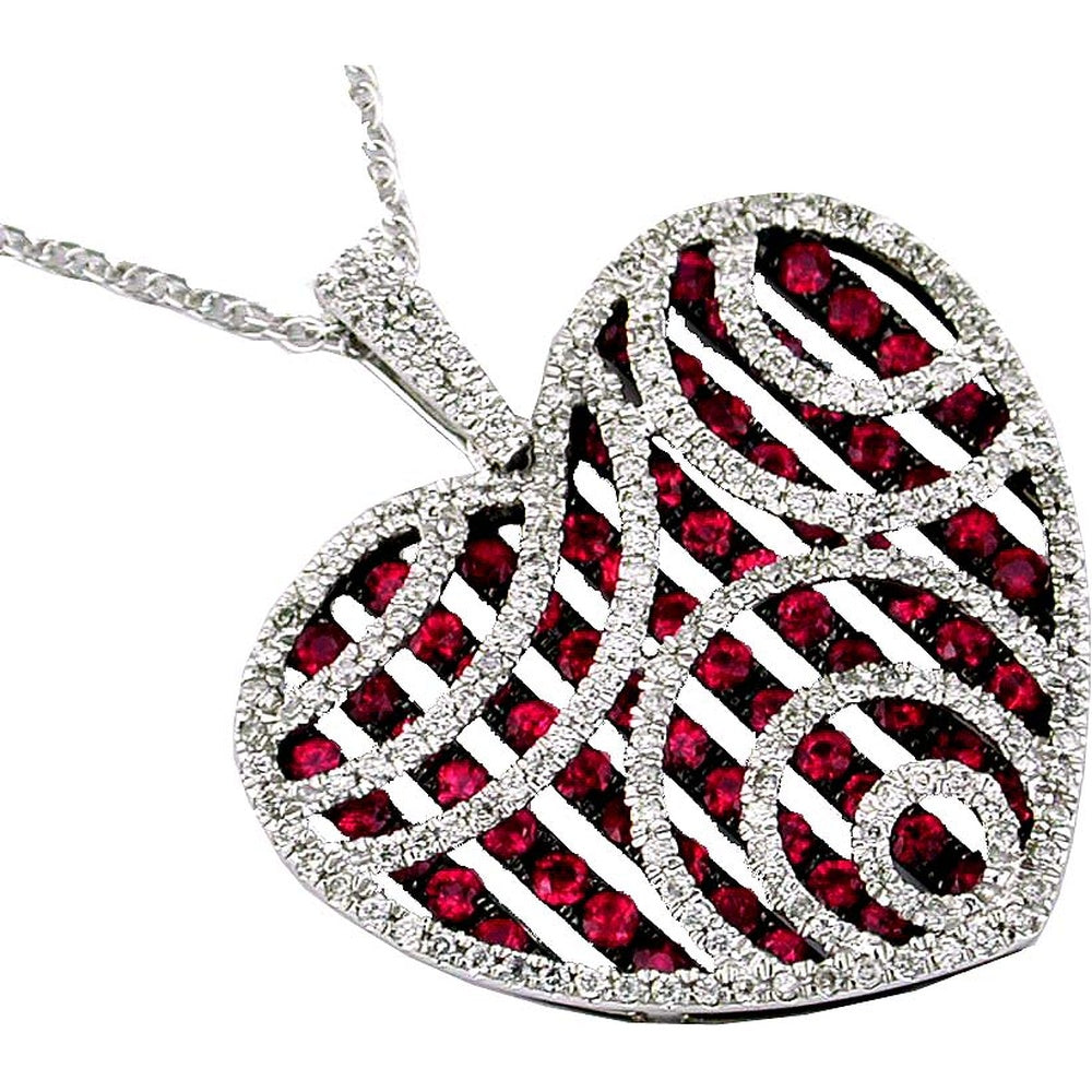 14K White Gold Openwork Heart Pendant with Round Cut Rubies and Prong-Set Diamond Accents - 1.90 Carat Total Ruby Weight and 0.58 Carat Total Diamond Weight - Royal Jewelry