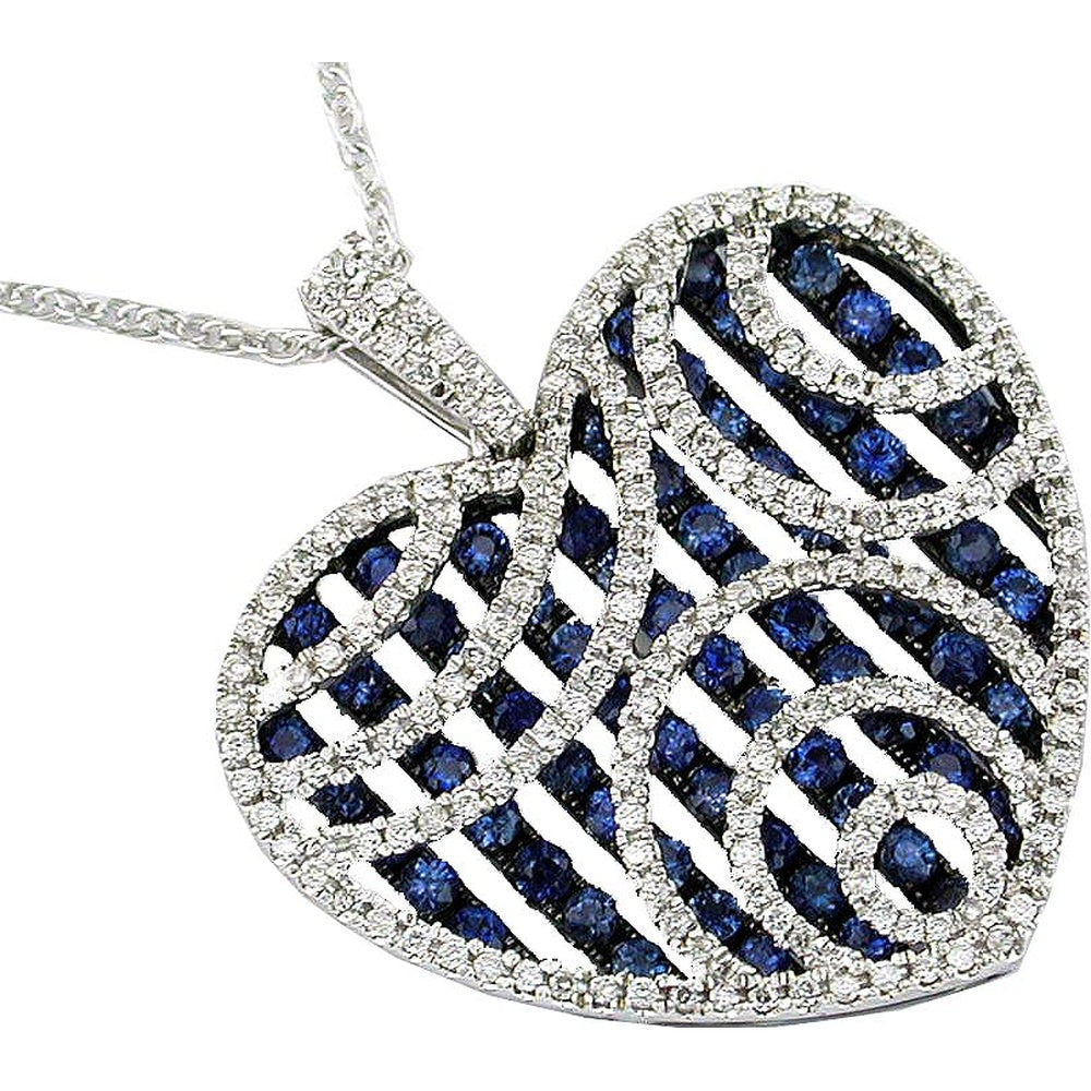 14K White Gold Openwork Leaf Pendant with Pave Round Diamonds and Channel-Set Round Sapphires - 0.58 Carat Total Diamond Weight and 1.95 Carat Total Sapphire Weight - Royal Jewelry