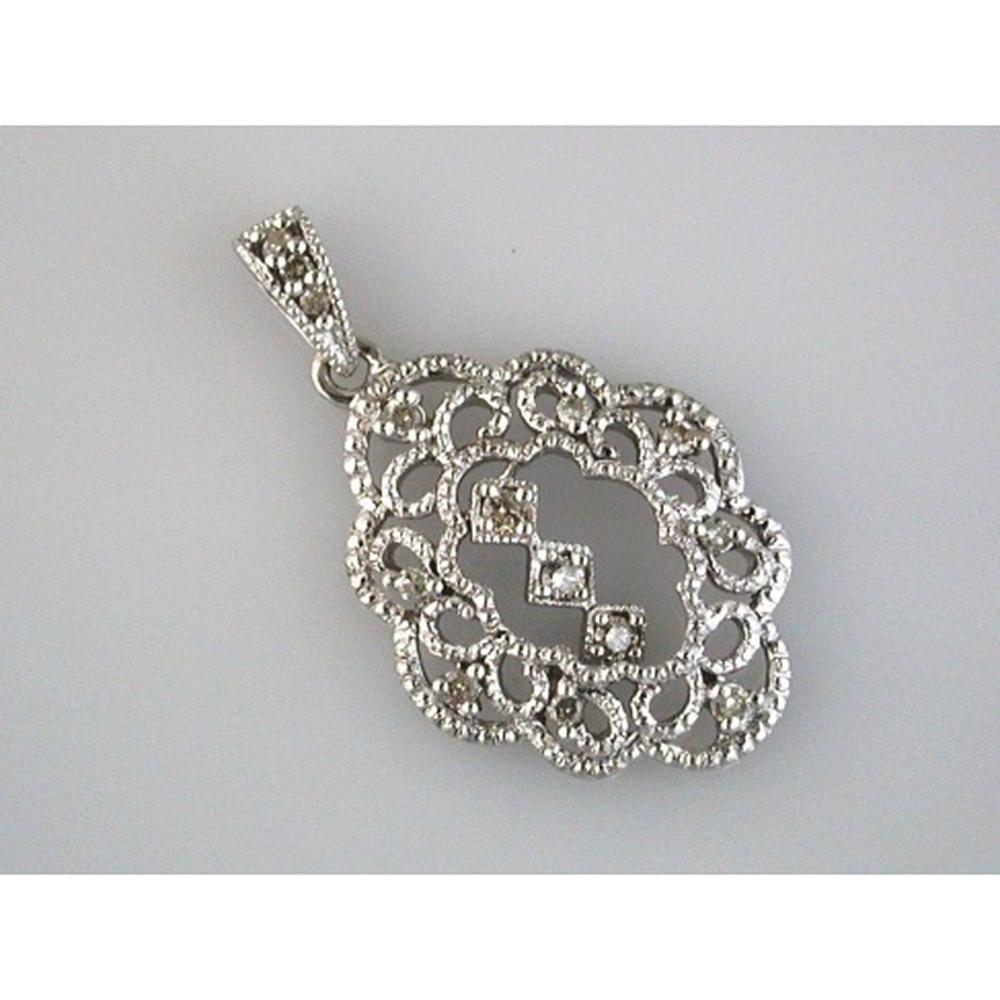 14K White Gold Openwork Milgrain-Style Diamond Pendant with Round Diamonds - 0.10 Carat Total Diamond Weight - Royal Jewelry