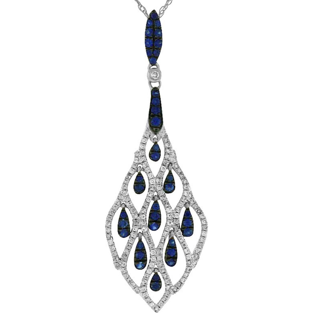 14K White Gold Openwork Pendant Necklace with Pear-Shaped Sapphires and Pavé-Set Round Diamonds - 0.55 Carat Sapphire Total Weight and 0.42 Carat Diamond Total Weight - Royal Jewelry