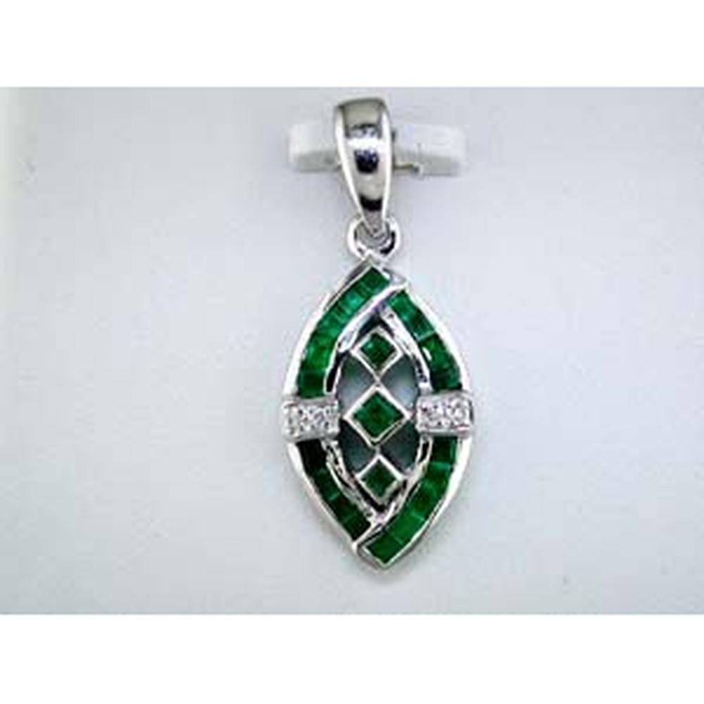14K White Gold Openwork Pendant with Princess Cut Emeralds and Round Diamond Accents - 0.72 Carat Emerald and 0.03 Carat Total Diamond Weight - Royal Jewelry