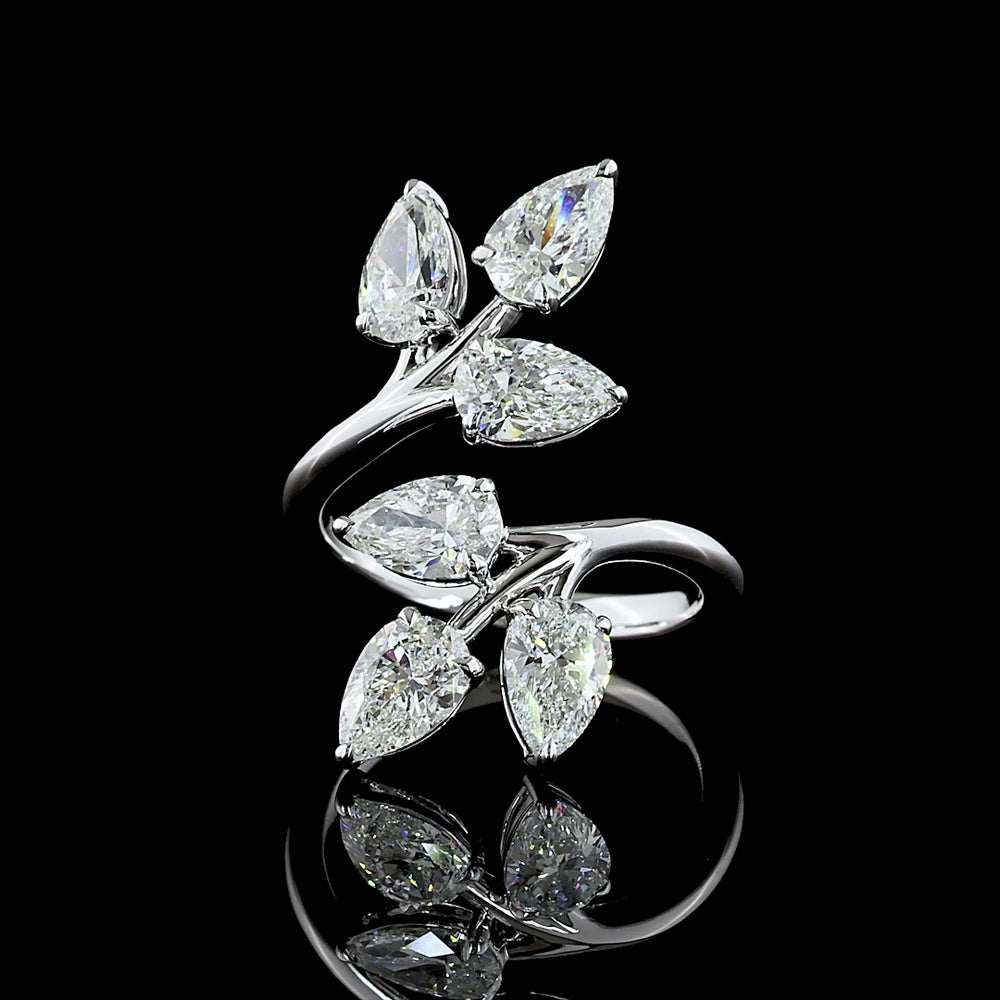 14K White Gold Organic Vine Ring with Pear-Shape Lab Diamonds in Prong Settings - 3.07 Carats Total Diamond Weight - Covaloro Fine Jewelry