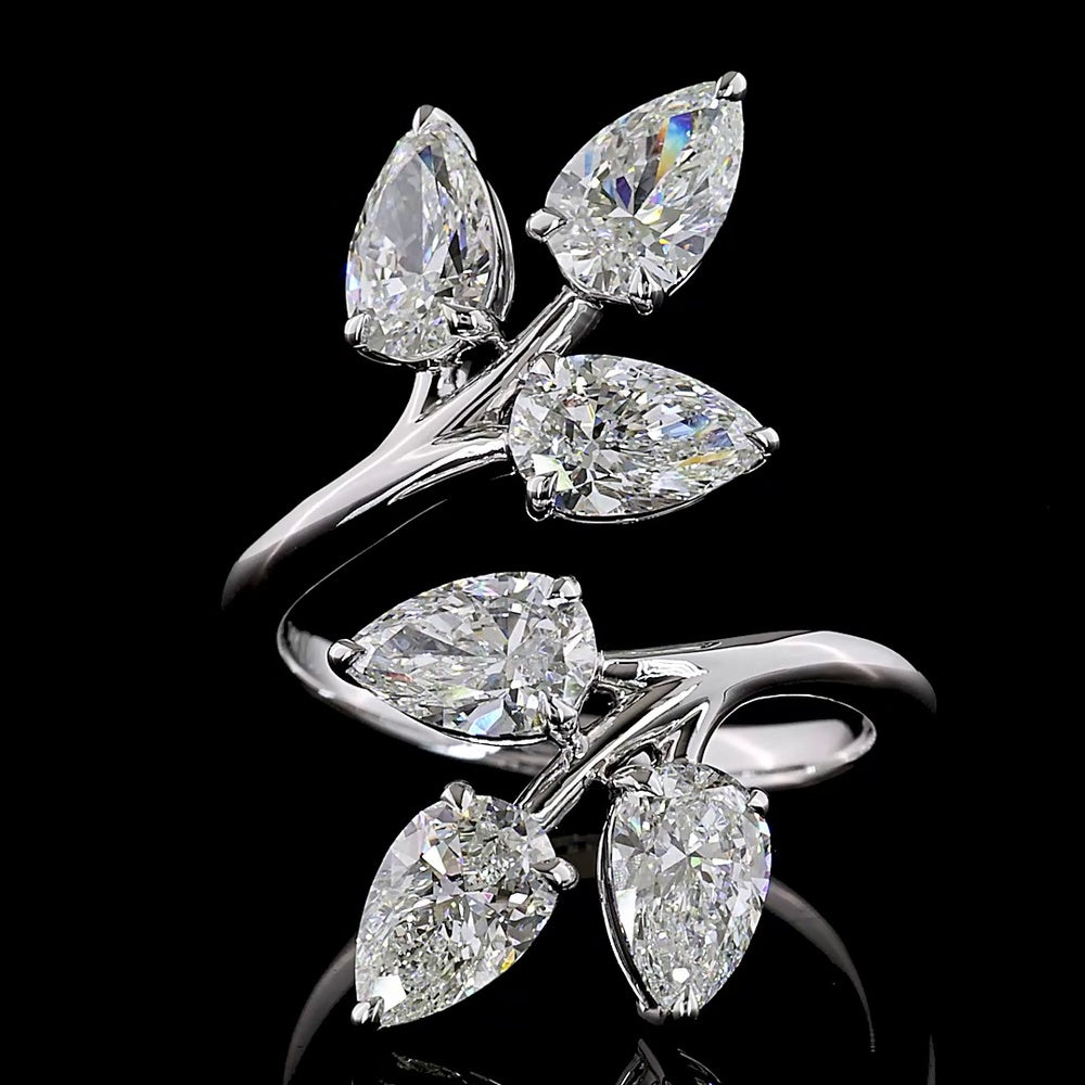 14K White Gold Organic Vine Ring with Pear-Shape Lab Diamonds in Prong Settings - 3.07 Carats Total Diamond Weight - Covaloro Fine Jewelry