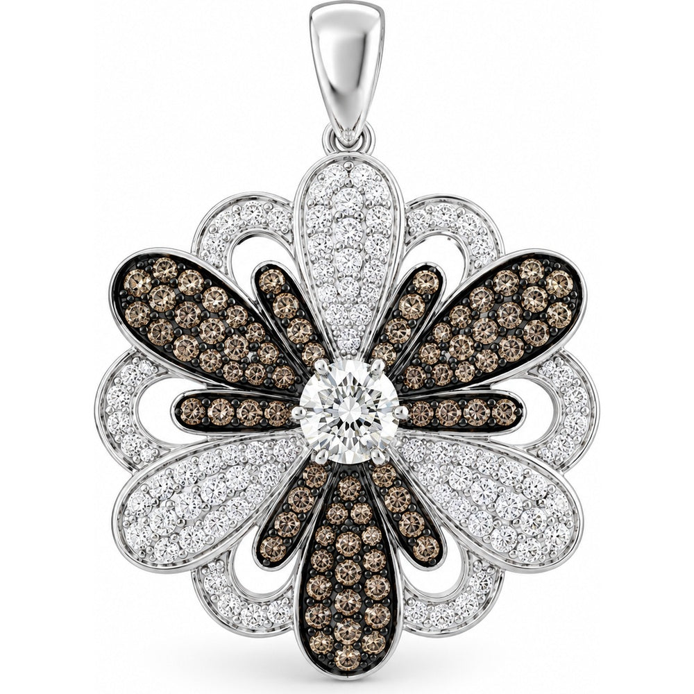 14K White Gold Ornate Floral Pendant with Contrasting Pavé Set White and Champagne Diamonds - 1.62 Carat Total Diamond Weight by Auriventus