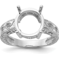 14K White Gold Oval 12x10mm Ring Mounting with 0.02 Carat Diamond Accents and Milgrain Detail by Monteluci Fine Jewelry
