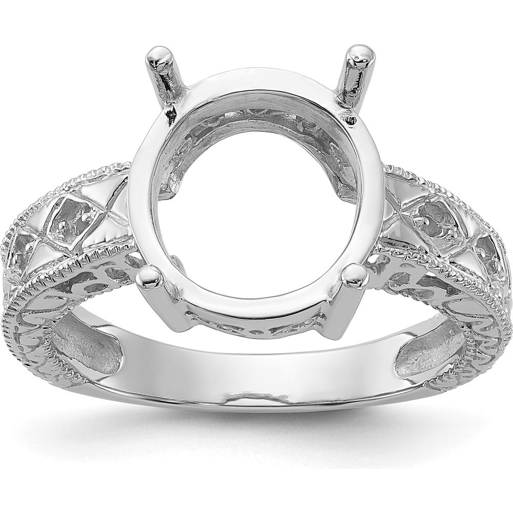 14K White Gold Oval 12x10mm Ring Mounting with 0.02 Carat Diamond Accents and Milgrain Detail by Monteluci Fine Jewelry