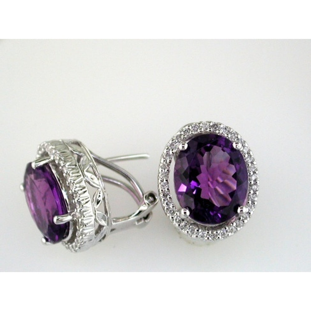 14K White Gold Oval Amethyst and Diamond Halo Earrings with Milgrain Detail - 6.10 Carat Total Amethyst Weight and 0.27 Carat Total Diamond Weight - Royal Jewelry