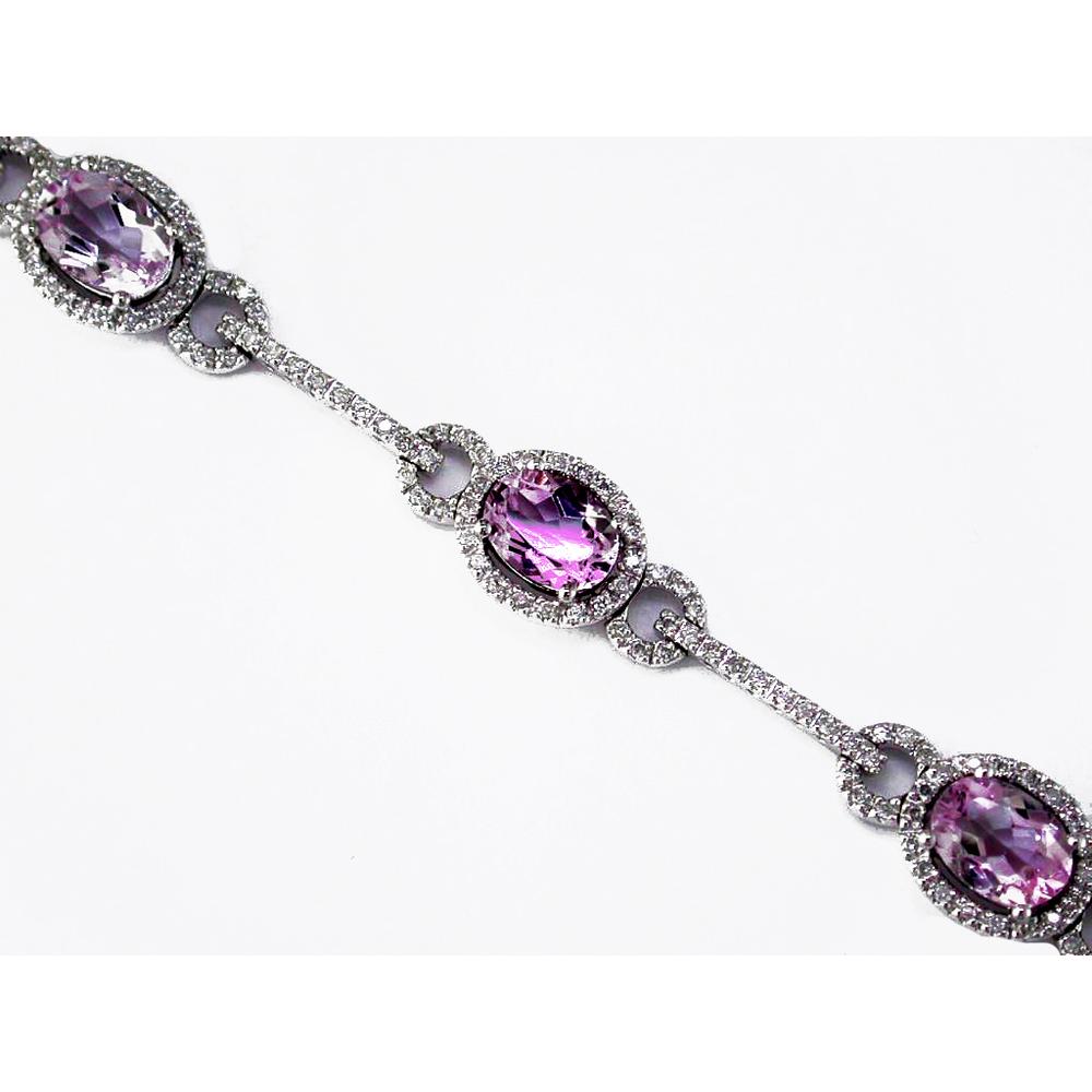 14K White Gold Oval Amethyst & Diamond Halo Link Bracelet - 7.20 Carats Total Amethyst Weight with 1.10 Carat Center Stone - Royal Jewelry
