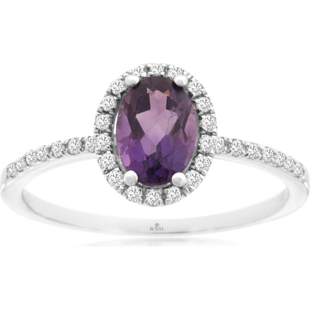 14K White Gold Oval Amethyst and Diamond Halo Ring - 0.70 Carat Amethyst and 0.17 Carat Total Diamond Weight - Royal Jewelry