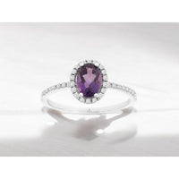 14K White Gold Oval Amethyst and Diamond Halo Ring - 0.70 Carat Amethyst and 0.17 Carat Total Diamond Weight - Royal Jewelry