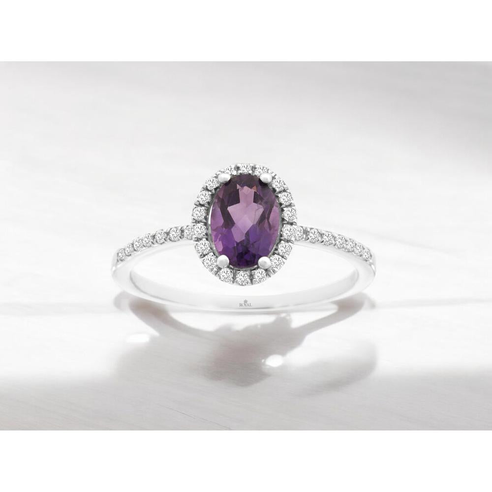 14K White Gold Oval Amethyst and Diamond Halo Ring - 0.70 Carat Amethyst and 0.17 Carat Total Diamond Weight - Royal Jewelry