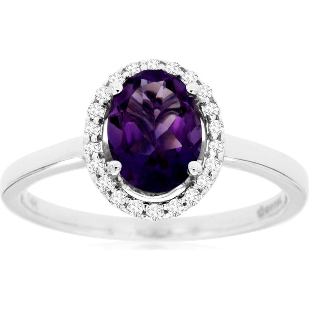 14K White Gold Oval Amethyst and Diamond Halo Ring - 1.10 Carat Amethyst and 0.12 Carat Total Diamond Weight - Royal Jewelry