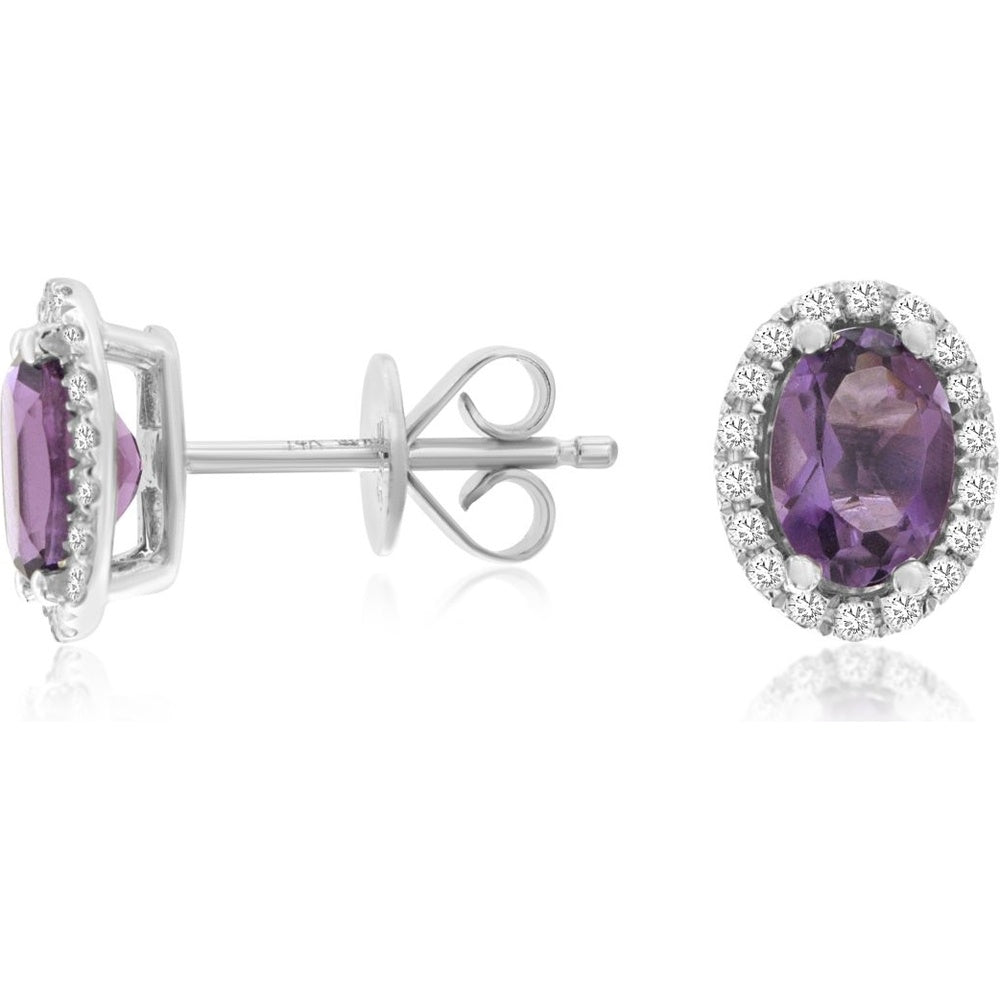 14K White Gold Oval Amethyst and Diamond Halo Stud Earrings - 1.40 Carat Total Amethyst Weight and 0.19 Carat Total Diamond Weight - Royal Jewelry